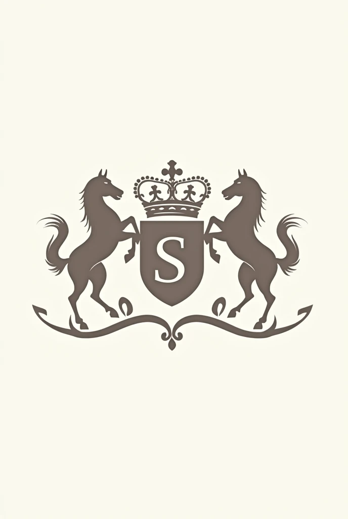 Create a minimalist vector royal coat of arms with the initial S in the center, horses rearing next to the coat of arms, with leaves below curving around the bottom of the coat of arms and a white band at the foot of the coat of arms 