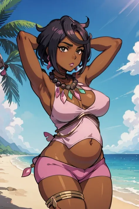 masterpiece, best quality,  1 pregnant girl, pkmnolivia, dark skin, necklace, bracelet, neck ring, cleavage, pink shirt, beads, midriff, pink short shorts, thigh strap, large breasts, thighs, island, sand, palm tree, lipstick, arms behind head, from below,...