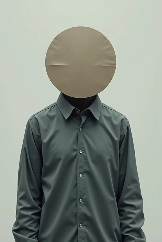 A man with gray clothing and a sad face circular paper mask