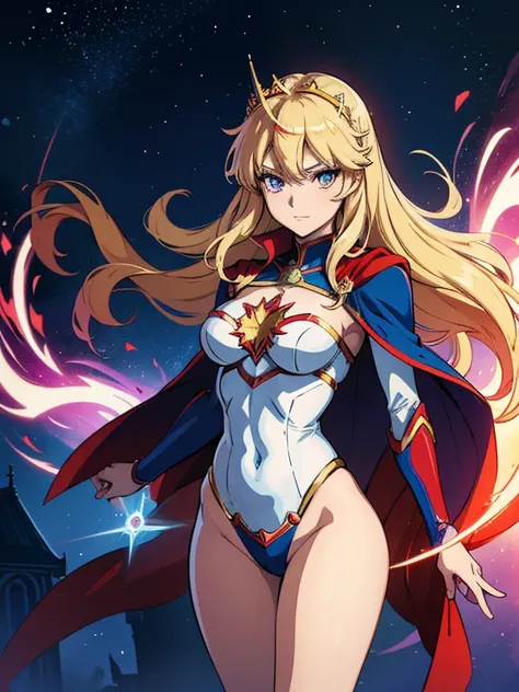 Anime-style photo of a woman in a red cape and blue clothes, Supergirl, anime visual of Supergirl, Portrait of a female anime hero, Artoria Pendragon, Anime Goddess, Superhero Girl, Power, the princess of power, with cape, Zodiac Knight Girl, Zerochan Art,...