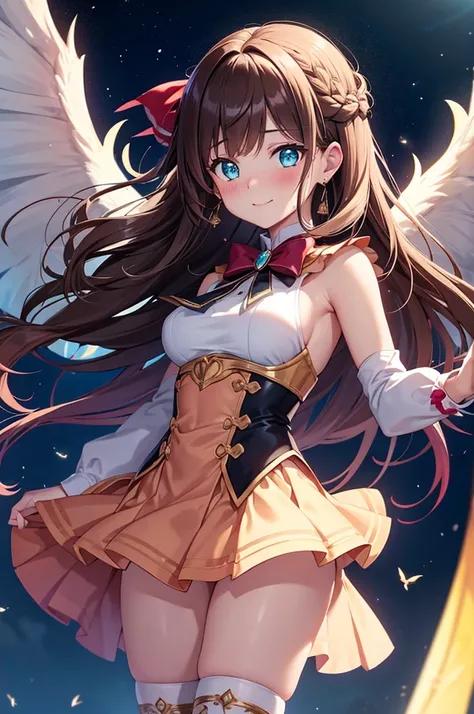 A beautiful girl in a short skirt holding a sword and a bird, outside, night, (magical girl), peach colored leotard, fluffy layered skirt, thigh highs, bow, wand, wings, flying, floating, big rounds breasts, dark brown hair, long bangs, french braid, long ...