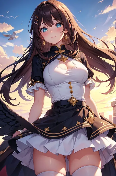 A beautiful girl in a short skirt holding a sword and a bird, outside, night, (magical girl), peach colored leotard, fluffy layered skirt, thigh highs, bow, wand, wings, flying, floating, big rounds breasts, dark brown hair, long bangs, french braid, long ...