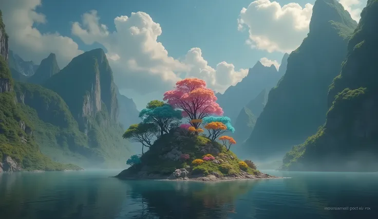 A small island with many colorful trees, Matte inspired by Mike Winkelmann, Popular on CGsociety, Fantasy Art, beeping sounds and mike winkelmann, Philip Hodas&#39;s Artistic Style, Epic dreamlike fantasy landscape, realism | beeping sounds, beeping sounds...