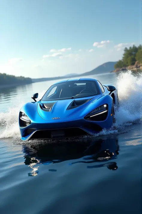 A blue car running in water
