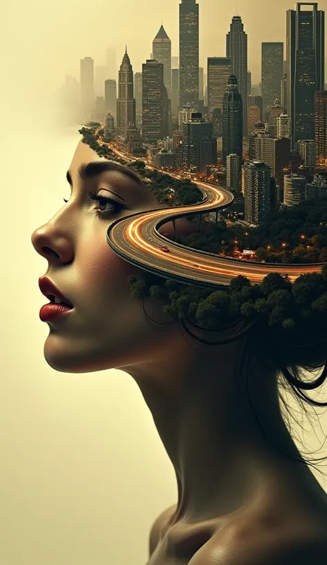 Create an image depicting a front-profile view of a female figure with beautiful, detailed features and fair skin. The figures face is magically morphing into a modern, bustling city with a winding highway leading through the open mouth of the female figur...