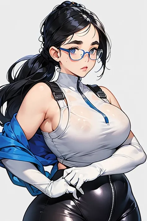 A chubby, freckled girl with glasses and black hair tied up wearing white gloves, a blue enamel catsuit and a white tank top over it　　Thick eyebrows