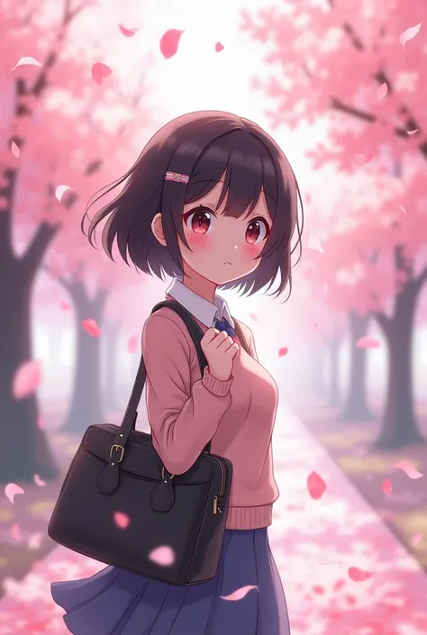 ,break,(small eyes;0.9),cherry blossoms in full bloom, cherry blossom snowstorm, Female Student, holding the school bag with both hands, break, Pretty and youthful girl, short-cut, Bblack hair, clip, shy face, high school girl