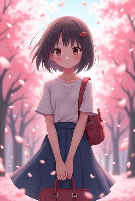 ,break,(small eyes;0.9),cherry blossoms in full bloom, cherry blossom snowstorm, Female Student, holding the school bag with both hands, break, Pretty and youthful girl, short-cut, Bblack hair, clip, shy face, high school girl