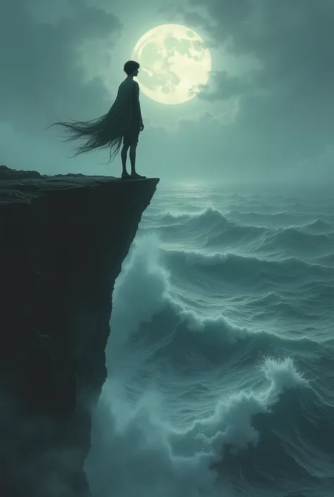 A thin young man standing on the edge of a cliff, pale skin, short hair black as night, wind, sadness, dense atmosphere, crashing waves, full moon.