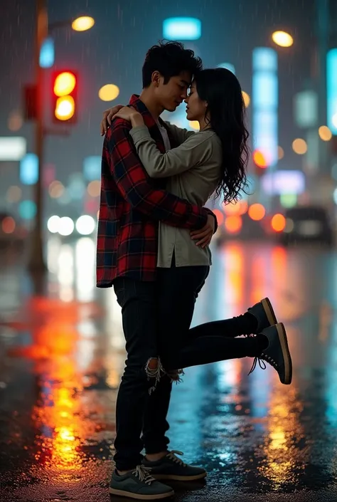 A striking and highly detailed image of a young Korean couple. The man carries the woman with both hands and the woman hugs the man romantically on the side of a busy night street. ( romantic lift hug ) full body photo. They see the viewer. The men wear fl...