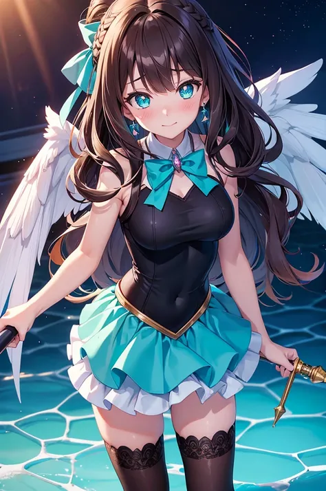 A beautiful girl in a short skirt holding a sword and a bird, outside, night, (magical girl), turquoise leotard, fluffy layered skirt, thigh highs, bow, wand, wings, flying, floating, big rounds breasts, dark brown hair, long bangs, french braid, long hair...