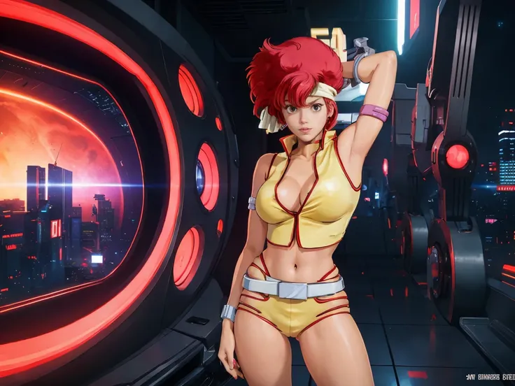 Kei from The Dirty Pair, , wearing a tight yellow outfit, frame, legs, medium breast, red hair beauty, cyberpunk city background, holding retro space-gun, headband, slim waist, slim thighs, thigh gap