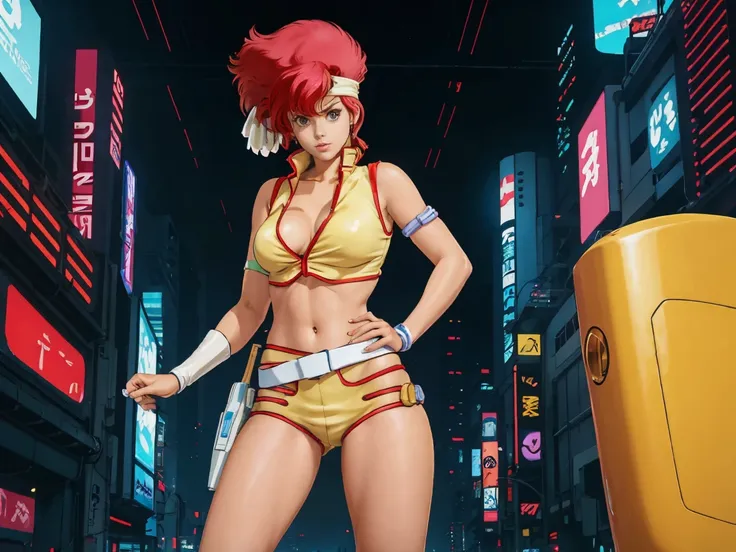 Kei from The Dirty Pair, , wearing a tight yellow outfit, frame, legs, medium breast, red hair beauty, cyberpunk city background, holding retro space-gun, headband, slim waist, slim thighs, thigh gap