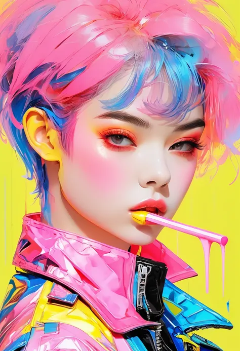 (masterpiece, Highest quality:1.4), 1 person, solo, Anime Style, colorful students, Blurred vision, Eat a popsicle, Pink lower lip, Cyberpunk makeup, Silver asymmetrical short hair, Asymmetrical short hairstyles, Long bangs on one side, Color Highlights, B...