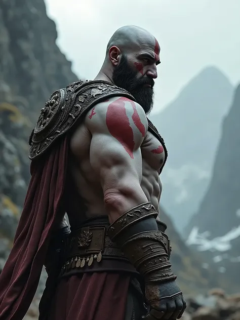 god of war kratos looking back at the camera. Realistic