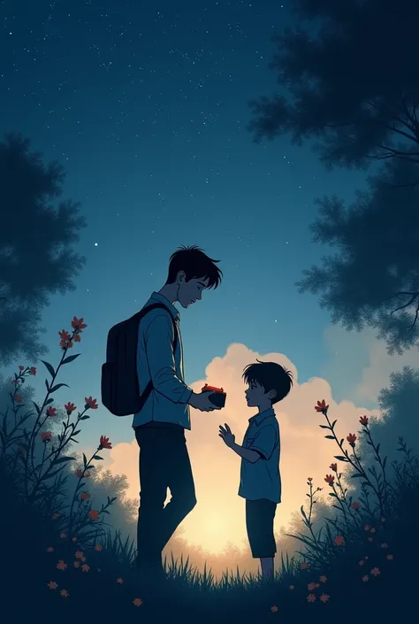 : A father and son walking together in a garden at night, under a starry sky. The father is holding a small box, and the son is listening attentively.