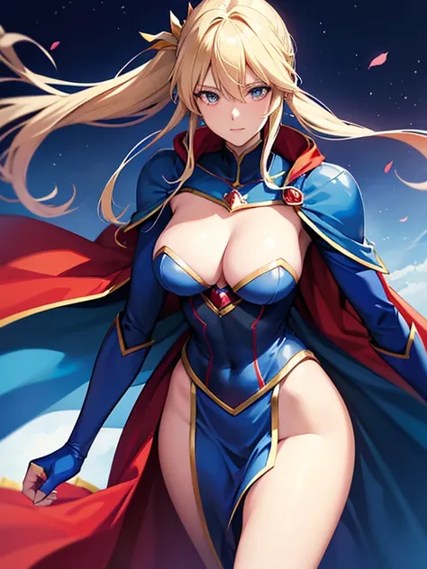 Anime style image of a woman in blue clothes with a red cape, Concept art inspired by Le Chevalier, Pixiv, Superflat, Supergirl, anime visual of Supergirl, Portrait of a female anime hero, Artoria Pendragon, Anime Goddess, Superhero Girl, Power, the prince...