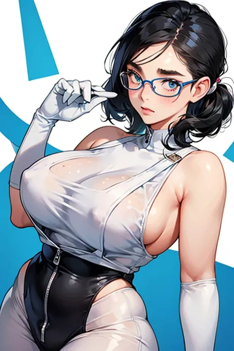 A chubby, freckled girl with glasses and black hair tied up wearing white gloves, a blue enamel catsuit and a white tank top over it　　Thick eyebrows