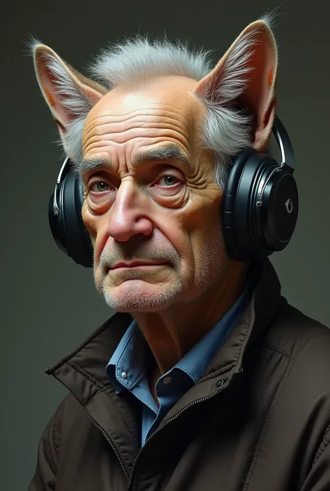 An old man with short grey hair, but his head is replaced with a cats head, his face is still normal and hes wearing headphones