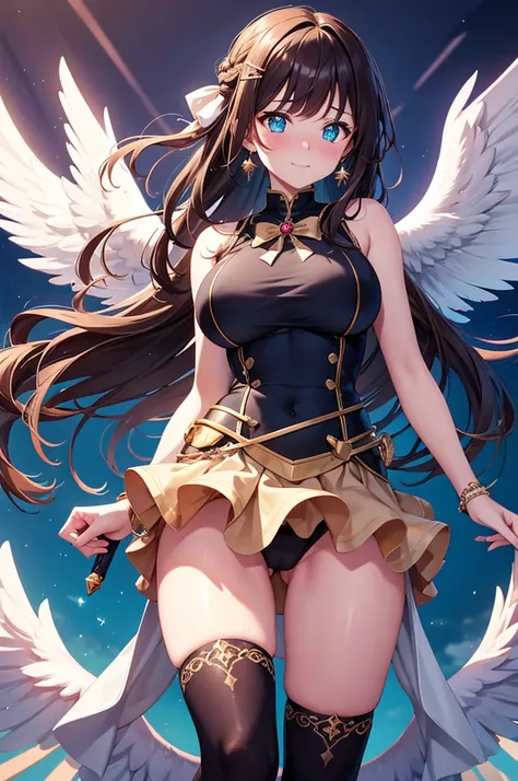 A beautiful girl in a short skirt holding a sword and a bird, outside, night, (magical girl), beige leotard, fluffy layered skirt, thigh highs, bow, wand, wings, flying, floating, big rounds breasts, dark brown hair, long bangs, french braid, long hair, wa...