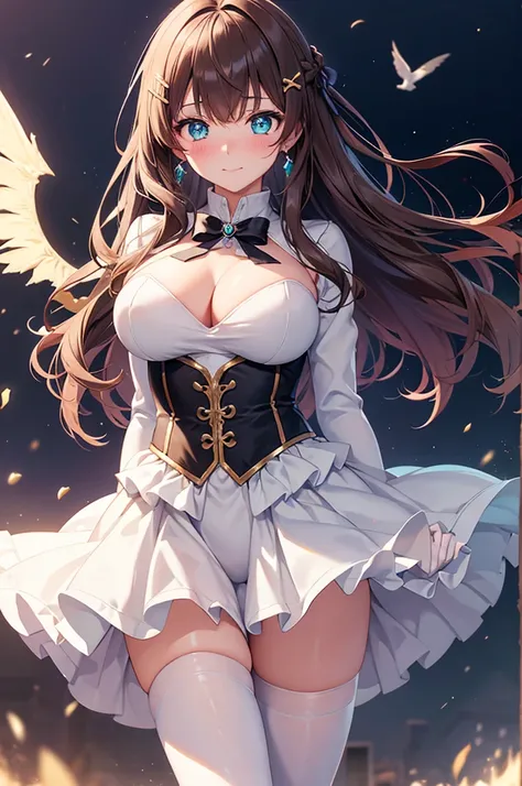 A beautiful girl in a short skirt holding a sword and a bird, outside, night, (magical girl), beige leotard, fluffy layered skirt, thigh highs, bow, wand, wings, flying, floating, big rounds breasts, dark brown hair, long bangs, french braid, long hair, wa...