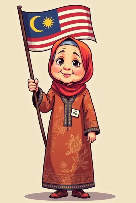 A  cartoon hijab grandmother wearing baju kurung with name tag Tok Mek holding Malaysia flag