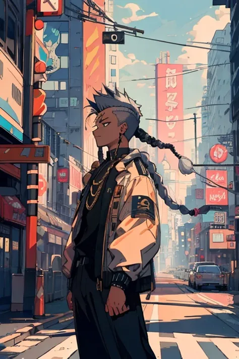 Better Quality, 4K Wallpaper, first work, Highly detailed CG uniform wallpaper 8k, Highly detailed eyes, Ultra-detailed, Intricate details, One person, Retro art style, Neon Art Style_pop, public, Outdoor, road signs, city,in front_black,male,Silver Hair, ...