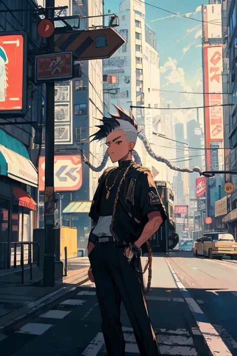 Better Quality, 4K Wallpaper, first work, Highly detailed CG uniform wallpaper 8k, Highly detailed eyes, Ultra-detailed, Intricate details, One person, Retro art style, Neon Art Style_pop, public, Outdoor, road signs, city,in front_black,male,Silver Hair, ...