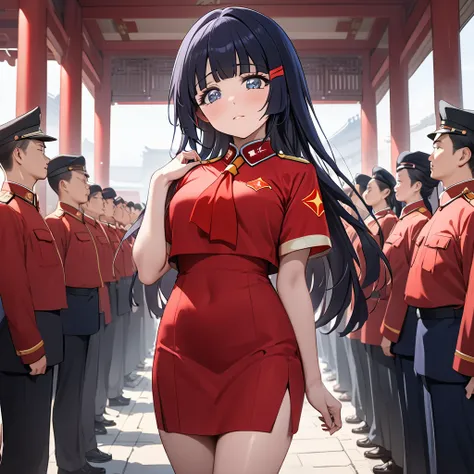 ((Highest quality)), ((masterpiece)), (detailed), （Perfect Face）、The woman is Reika Aoki with semi-long hair、The woman has sworn to the Chinese Communist Party officials that she will abandon her Japanese identity, pledge allegiance to China, devote her bo...