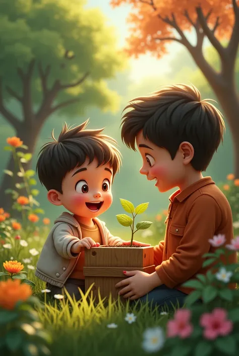  A young boy opening a small box in a garden, revealing a sapling. The boy looks excited and happy, with his father standing beside him, smiling proudly.