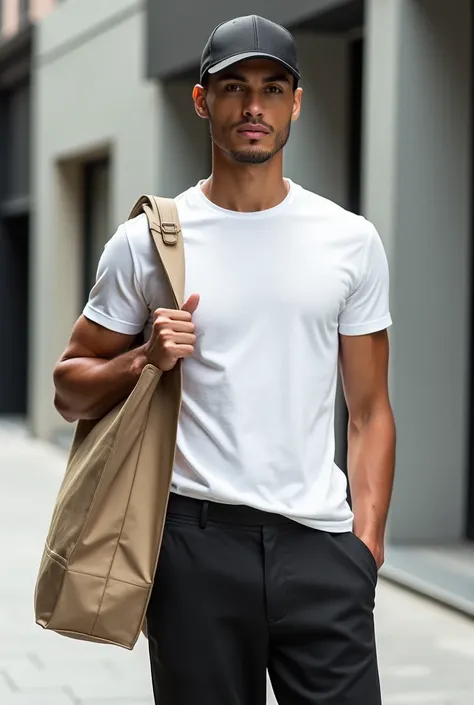 Men fashion model with white T-shirt, cap and shopping bag.