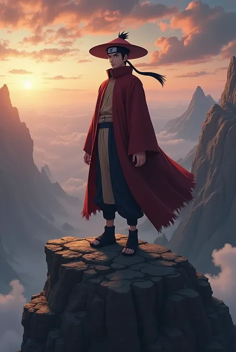 Naruto stand on mountain with cool look and waer hokage drees and with sirious look 