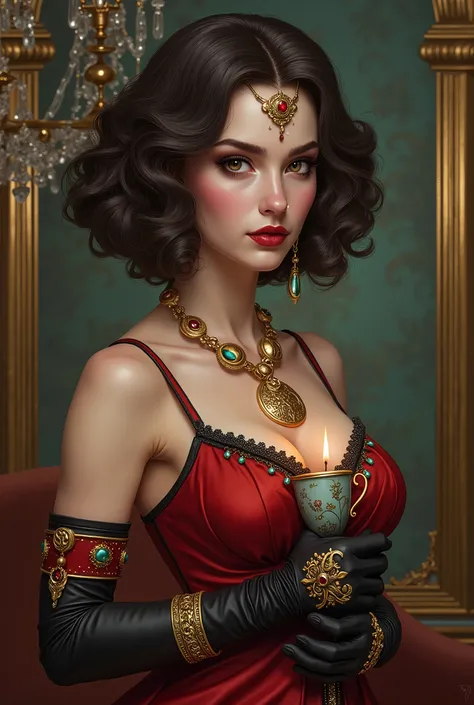 penny parker, (work of art, best qualityer:1.2), details Intricate, 1 girl, May, make up, lipstick, shorth hair, jewerly, cups, amulet, elbow gloves, (mature woman:1.2), NSFW, big-ass, shorth hair