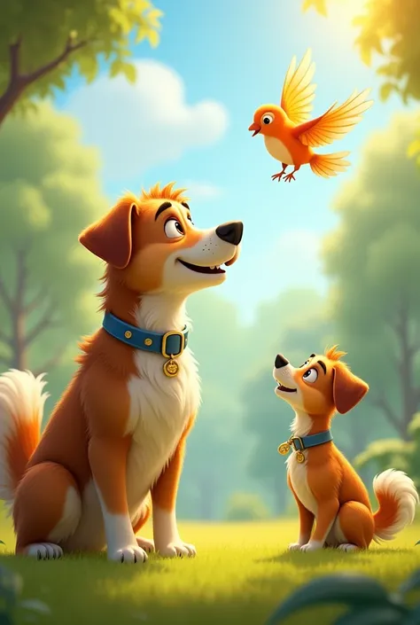 Image: Sammy and Bella playing together, with Bella flying and Sammy looking up in awe.
Description: Depict the joyous bond between Sammy and Bella as they enjoy their adventures.