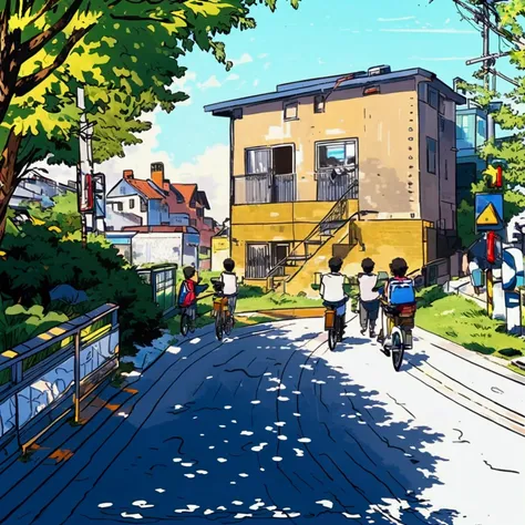 "Create a 4K anime-style scene depicting a group of boys heading to school. The boys are outside the school building, riding their bicycles on a wide, clean sidewalk. The school is modern, with large windows and a sleek design, located near a bustling shop...