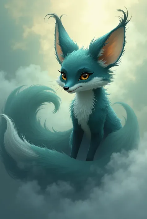 Cute Fox in dark blue mixed green with 9 tails in form of fog  for t-shirts make it a sticker with background of red smoke 
