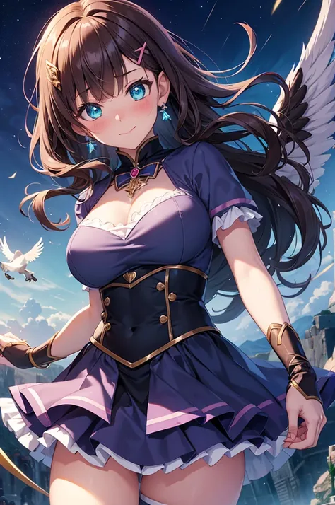 A beautiful girl in a short skirt holding a sword and a bird, outside, night, (magical girl), violet leotard, fluffy layered skirt, thigh highs, bow, wand, wings, flying, floating, big rounds breasts, dark brown hair, long bangs, french braid, long hair, w...