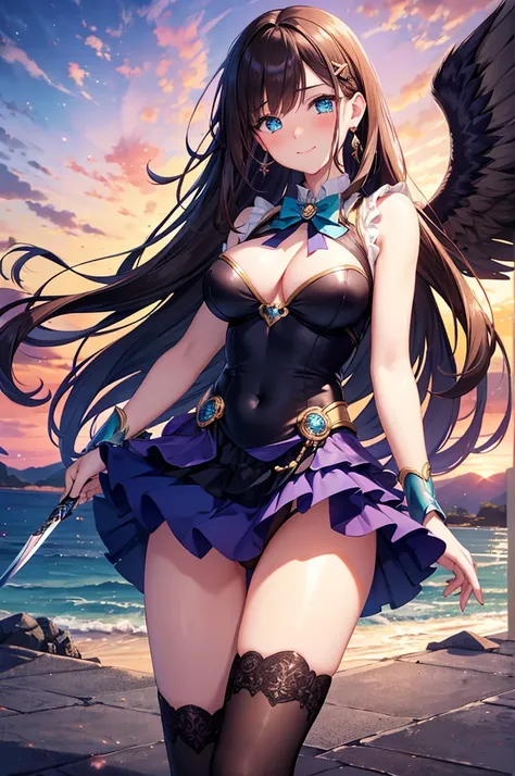 A beautiful girl in a short skirt holding a sword and a bird, outside, night, (magical girl), violet leotard, fluffy layered skirt, thigh highs, bow, wand, wings, flying, floating, big rounds breasts, dark brown hair, long bangs, french braid, long hair, w...