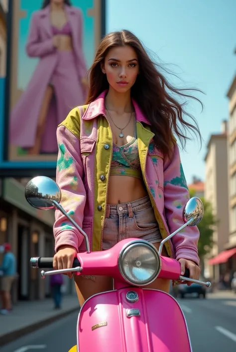 Realistic teenager designer with brown hair wearing colourful crazy outfit on a pink scooter standing in front of a billboard with her favorite designer of all time dreaming of becoming like her.