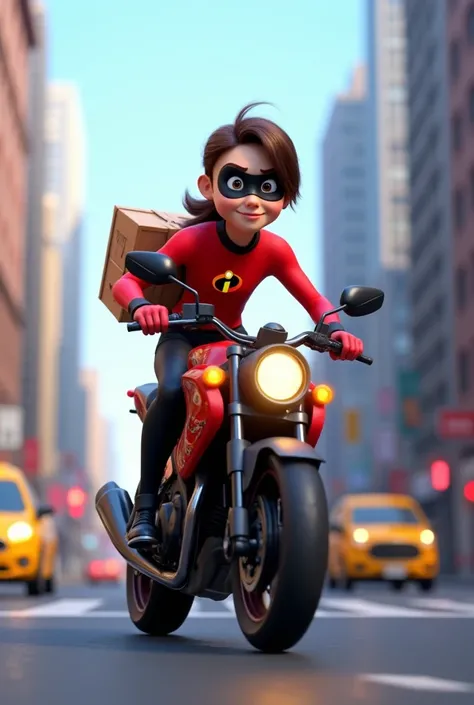 DELIERY DELIVERY MAN, YOUNG TEENAGER, dressed as The Incredibles, bizz motorcycle delivering customer orders 3D character rendering, cartoon character, Character from The Incredibles, character posing, (Pixar-style) (best qualityer) (skin detailed) (detail...