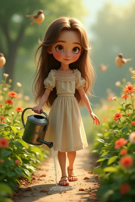 With a vintage metal watering can in hand, the character walks along the garden path, stopping at each plant to give it a generous drink. The water glistens as it cascades over the leaves, and the character smiles, enjoying the peaceful rhythm of the task....