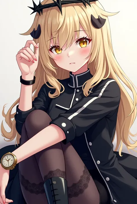 Make an anime style image of a light blonde girl with long, slightly wavy hair who has a black crown of thorns on her head, His eyes are yellow, He has a shirt similar to the one a real soldier would wear (black color and white details) On this one there i...