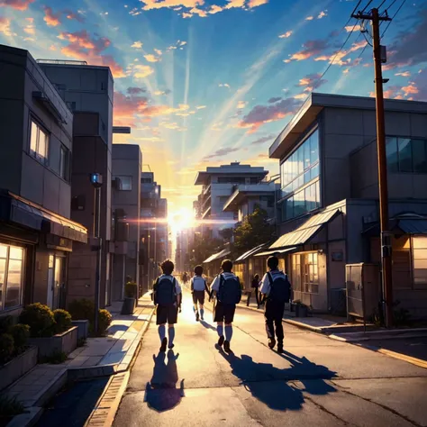 "Create a 4K anime-style scene depicting a group of boys heading to school. The boys are outside the school building, riding their bicycles on a wide, clean sidewalk. The school is modern, with large windows and a sleek design, located near a bustling shop...