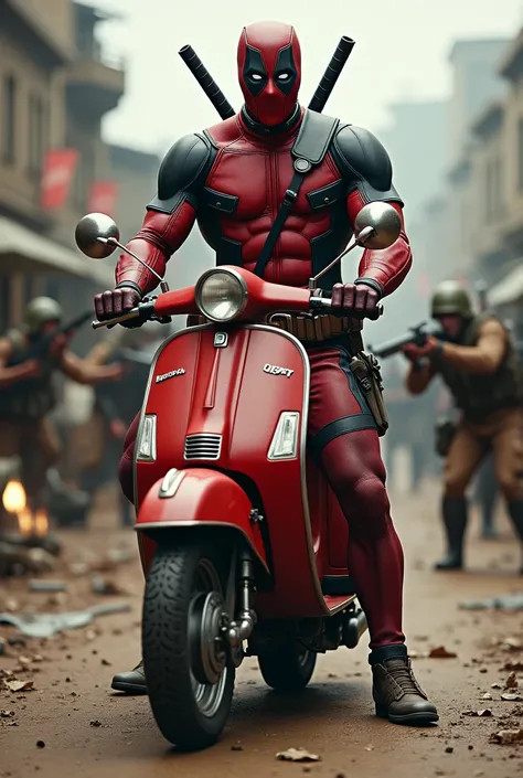 A Deadpool with shirtless having 10 packs 
going in vespa bike in front of world war 2 
With all rookies firing to the Deadpool 