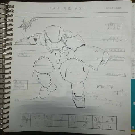 Highest quality，Realistic depiction，On a notebook page,  Written by Hiromu Arakawa, full body Mech Suit, Vitruvius Mecha, Mech Suit, Mechanical Body, Samus Aran Bio-Organic Varia Suit, Mobile Suit