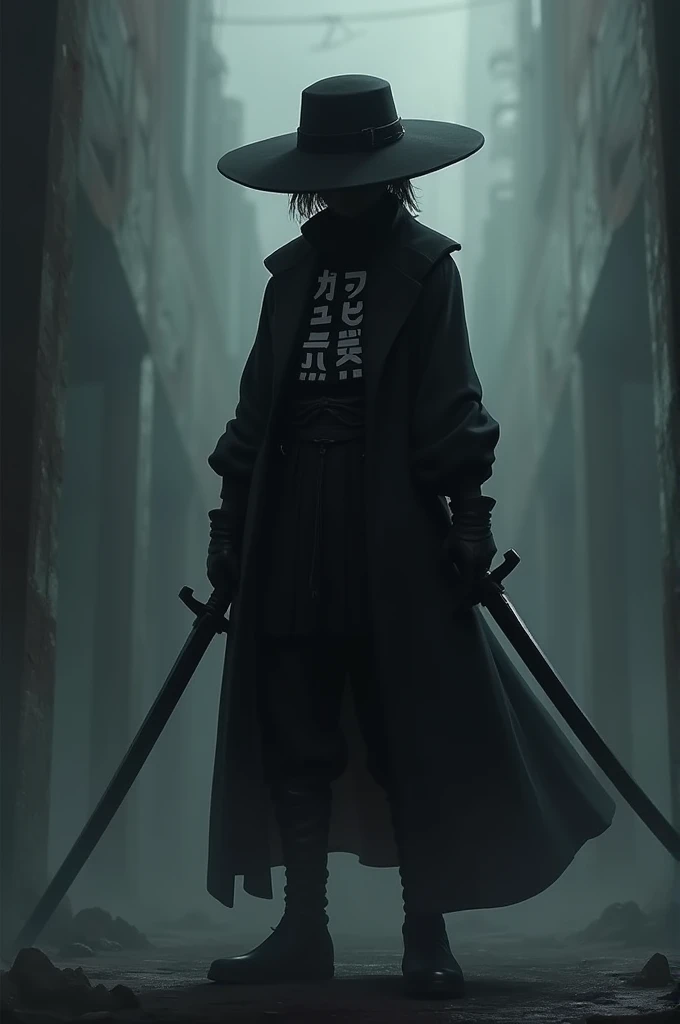  A shadow bonnie with two swords with a black hat with an outfit that says peace in Japanese