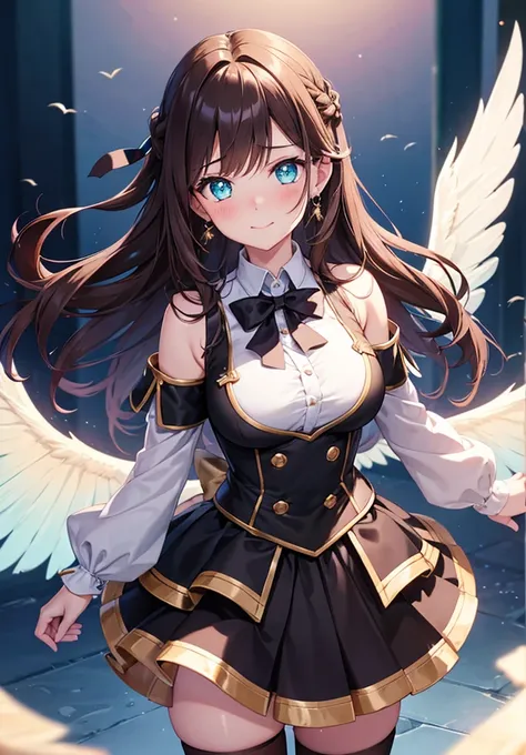 A beautiful girl in a short skirt holding a sword and a bird, outside, night, (magical girl), brown leotard, fluffy layered skirt, thigh highs, bow, wand, wings, flying, floating, big rounds breasts, dark brown hair, long bangs, french braid, long hair, wa...