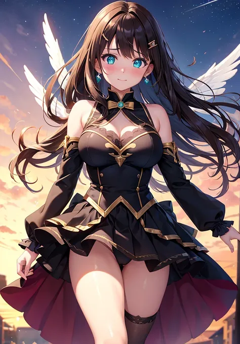 A beautiful girl in a short skirt holding a sword and a bird, outside, night, (magical girl), brown leotard, fluffy layered skirt, thigh highs, bow, wand, wings, flying, floating, big rounds breasts, dark brown hair, long bangs, french braid, long hair, wa...