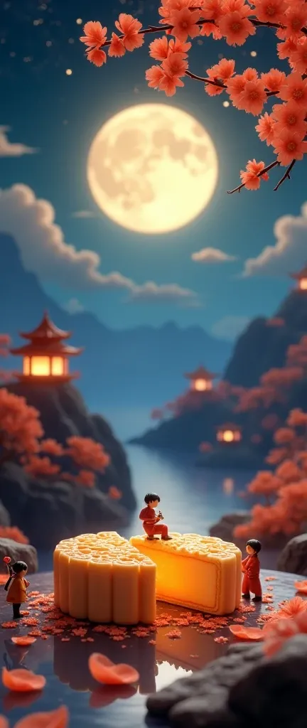 A captivating night scene in 3D art style, showcasing a tranquil Mid-Autumn Festival. The scene is filled with miniature mooncakes, tiny figures sawing and transporting mooncakes under an osmanthus tree. A half mooncake with molten filling sits on the desk...