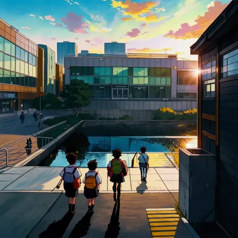 "Create a 4K anime-style scene depicting a group of boys heading to school. The boys are outside the school building, riding their bicycles on a wide, clean sidewalk. The school is modern, with large windows and a sleek design, located near a bustling shop...